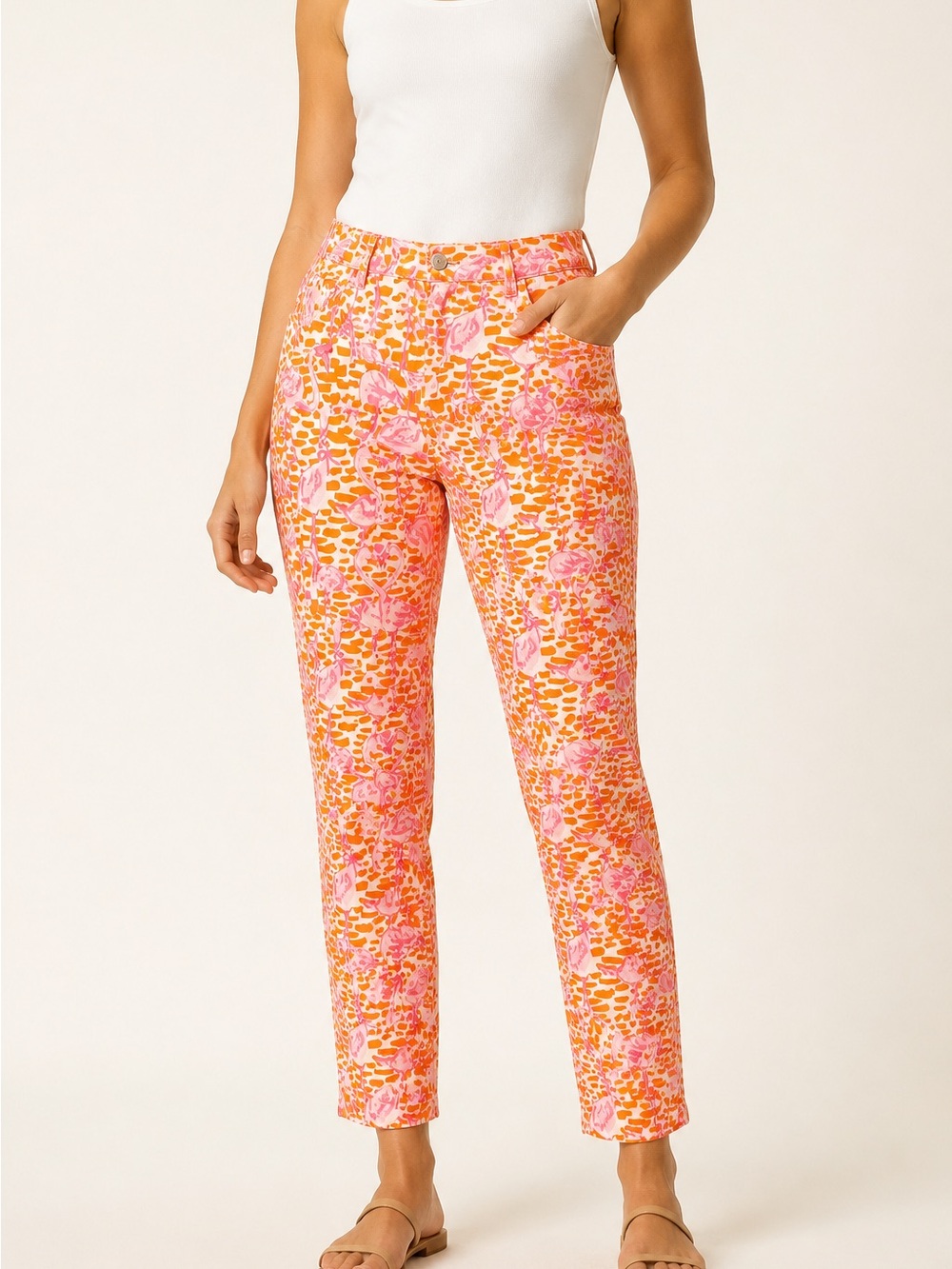 Gretchen Scott Pink Orange Flamingo Stretch Ankle Pants M